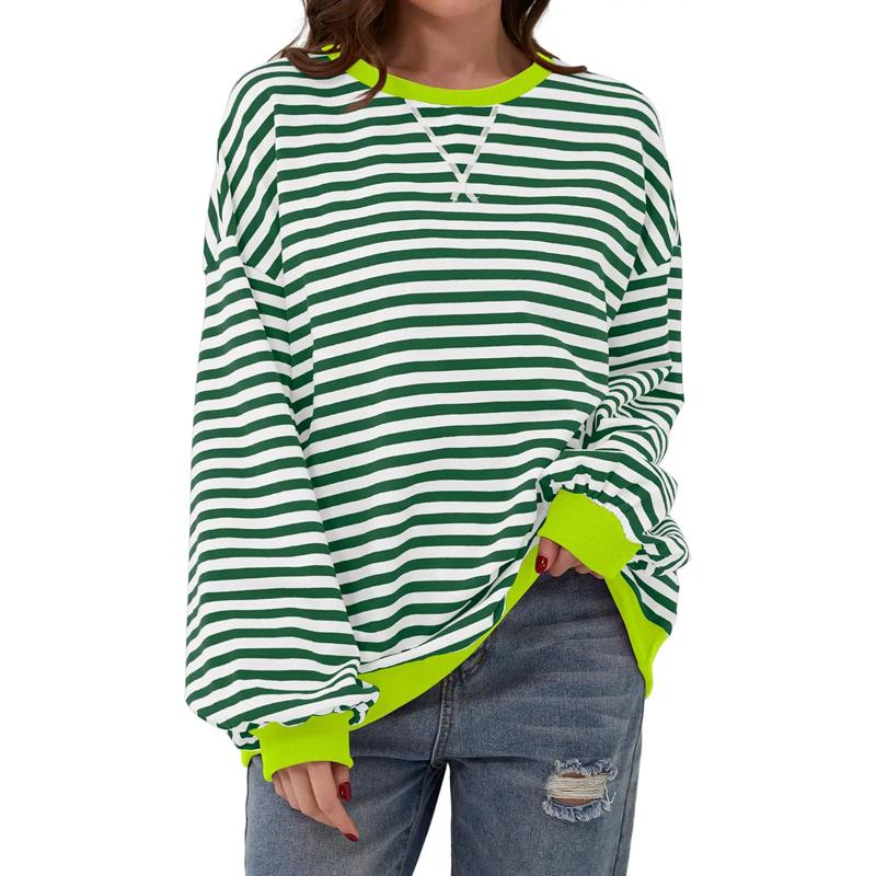 Autumn Winter Casual Loose Women's Cotton Sweatshirts Striped Pattern Crew Neck Full Sleeve Sports Hoodie