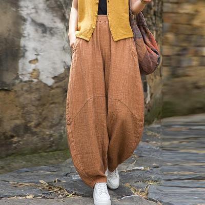 Women Vintage Bloomers Pants Elastic Waist Solid Color Spring Loose Cotton Ramie Women Patchwork Long Pants