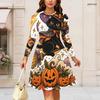 Women Plus Size Round Neck Long Sleeve Flared Dress Gothic Raven Pumpkin Rose Print Halloween Autumn Casual Dress