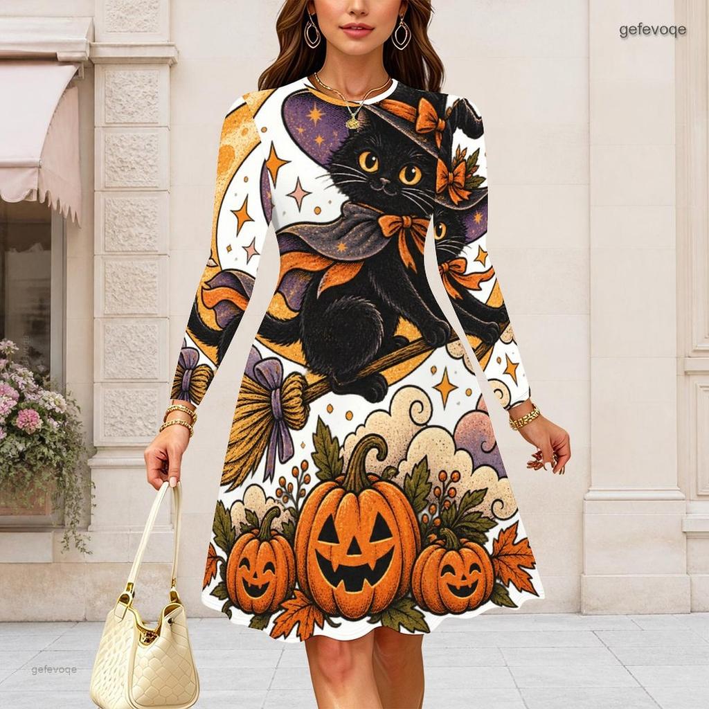Women Plus Size Round Neck Long Sleeve Flared Dress Gothic Raven Pumpkin Rose Print Halloween Autumn Casual Dress
