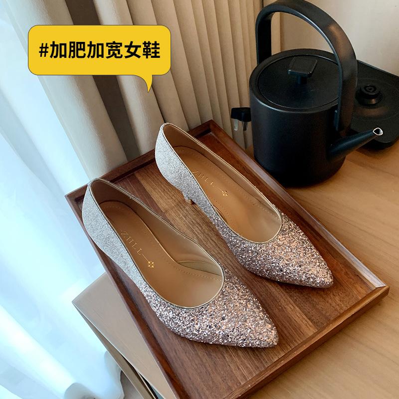 

- Shallow pointed thin heel high heels 02 new wedding shoes versatile single shoes wide feet fat feet large size women s shoes 35 золотой