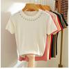 Women's Summer Short Sleeve Knitted T-shirt New Fashion O Neck Beaded Knit Elegant Short Top Female Casual Simple Solid Color Ladies Tshirt 3112