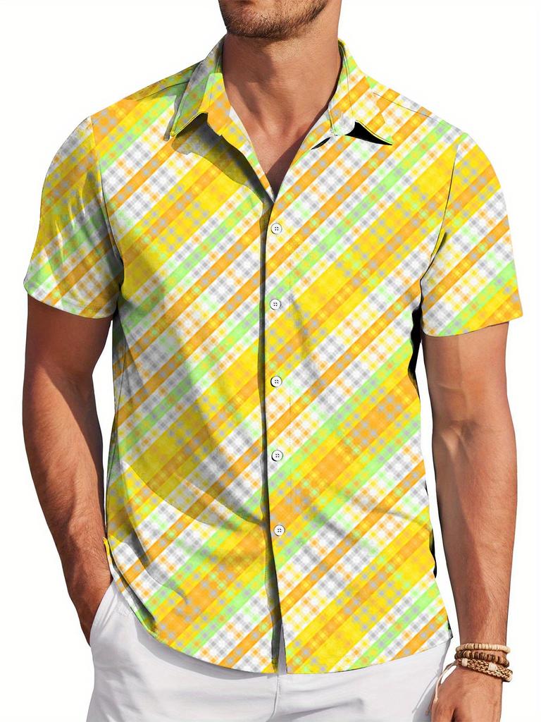 Men'S Oversized Short-Sleeve Shirt Featuring a Vibrant Yellow-Green Check Pattern, Made from 120G Lightweight Polyester, with a Traditional Collar And
