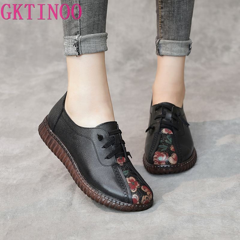Fashion GKTINOO Genuine Leather Flat Shoes Woman Handmade Leather Loafers Flexible Spring Casual Shoes Woman Flats Zapatos Mujer