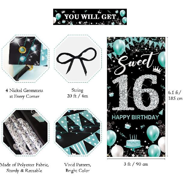 Sweet 16 Party Decorations, Fabric Happy 16th Birthday Banner Backdrop Teal Blue Silver, Sweet Sixteen Birthday Decorations for Girls, Turquoise 16