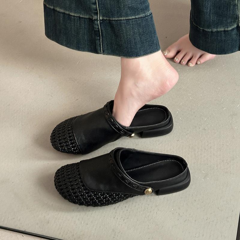 Fashion versatile hollow woven bag head half slippers women's summer retro two wear splicing wedge heel cool slippers Muller shoes