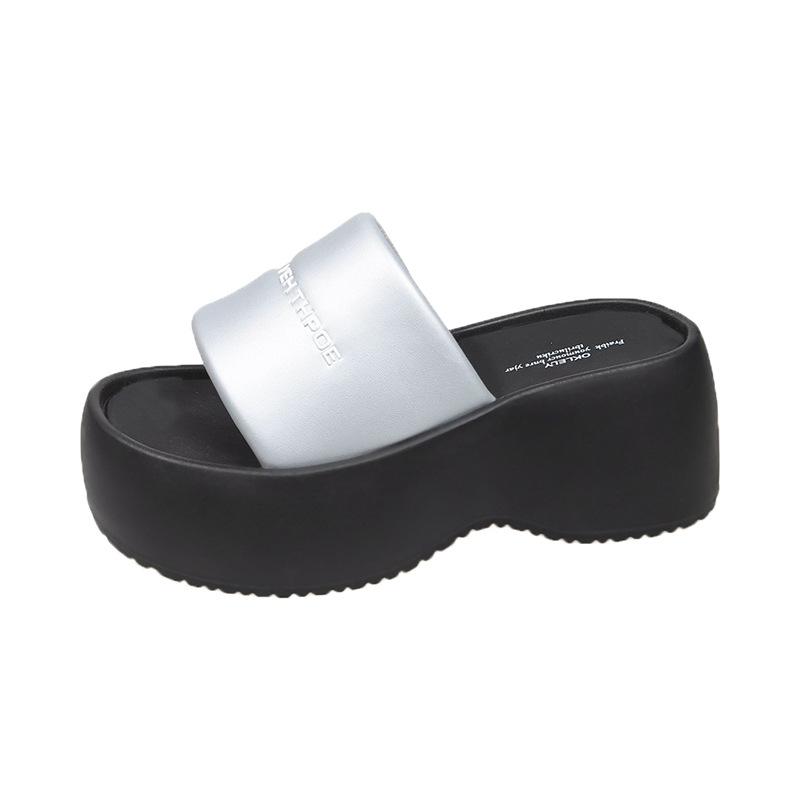 Thick-soled Letter One-word Slippers Women's 2025 New Small Height Increase Comfortable and Light One-pedal Simple Sandals