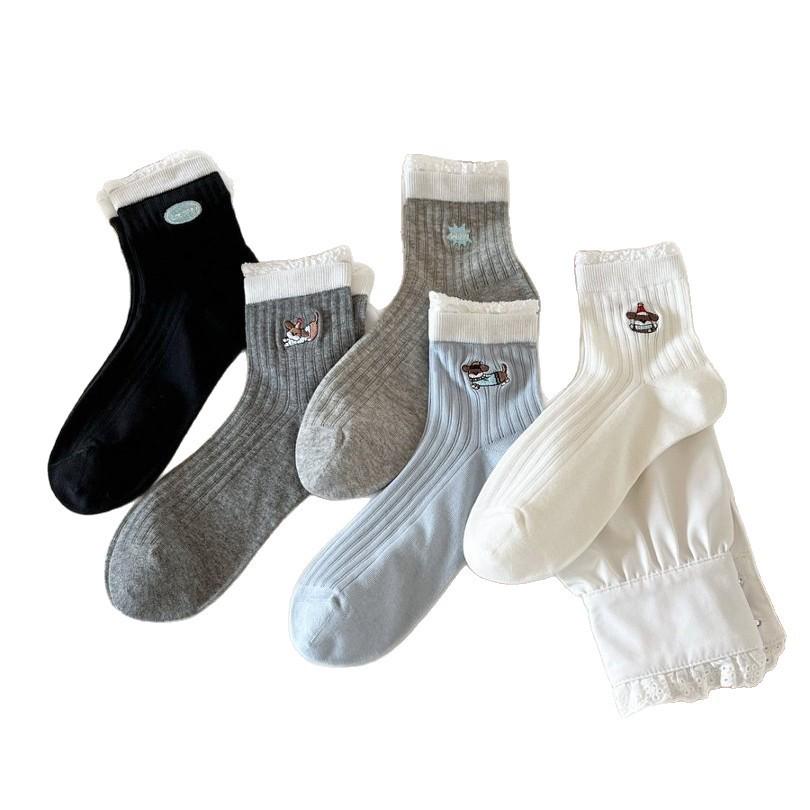 Women's Mid-Calf Japanese Cartoon Embroidery Socks, Spring/Autumn Style, Perfect Pair with Birkenstocks