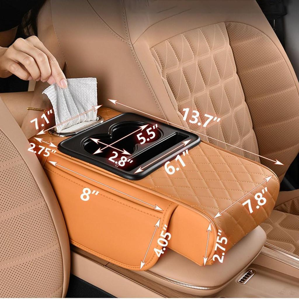Car Armrest Cushion,5-In-1 Center Console Cover With 2 Storage Bags Cup Holder, Tissue Box Slot, Phone Slot For Sedans, Car Accessories Interior