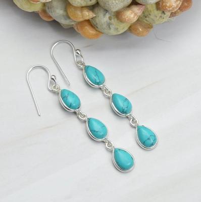 Türkisfarbener Edelstein-Ohrring, Handgefertigter Ohrring, Hängeohrring, Geschenk für Sie, 925 Sterlingsilber, Lünetten-Ohrring