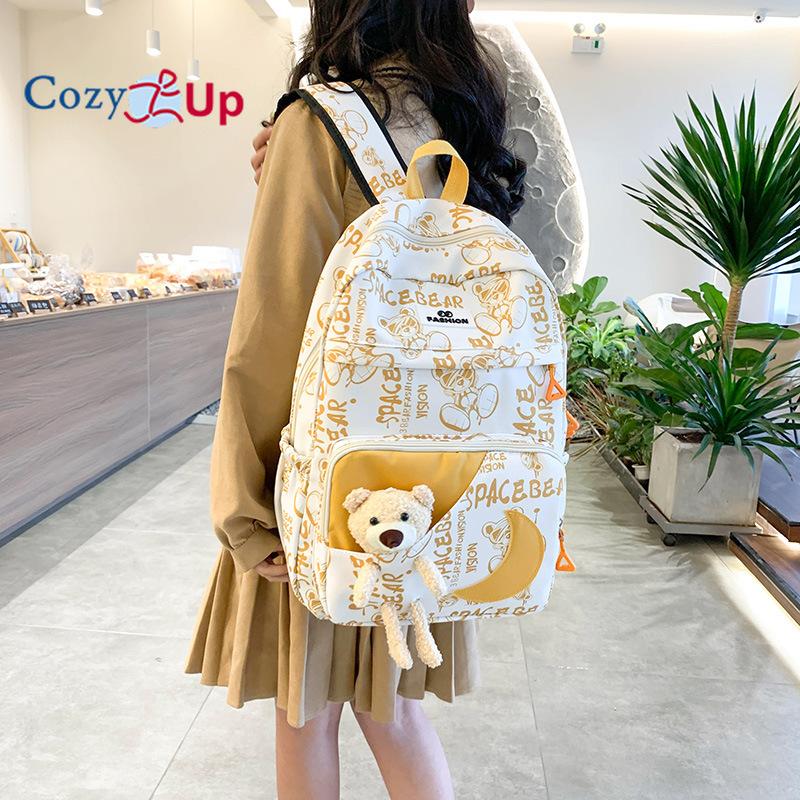 Милый медведь мультфильм ученик начальной школы школьный женский легкий нейлоновый рюкзак — фото 5