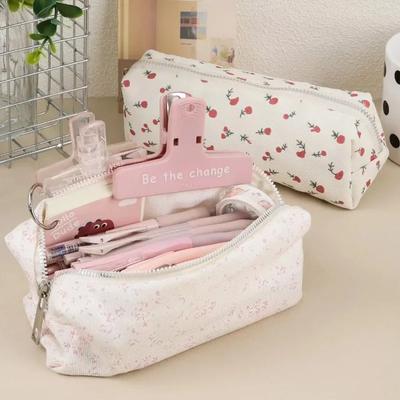 1 Pezzo Astuccio Serie Floreale Crema per Studente Estetico Retro Fiori Astuccio Portapenne Grande Capacità Borsa Portaoggetti per Cancelleria