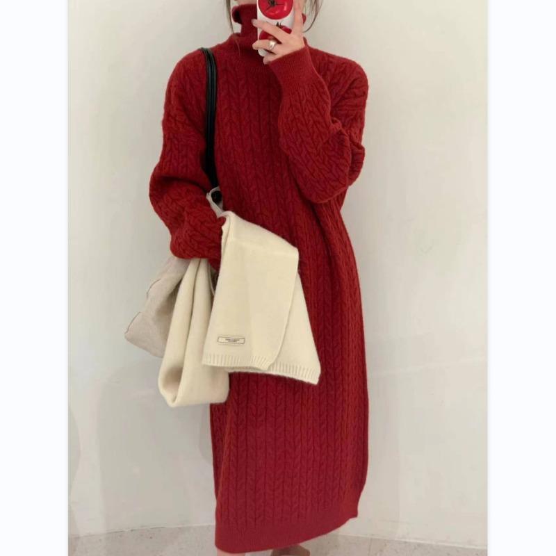Ayollar kuz va qish yangi bo'sh va dangasa pastki trikotaj ko'ylagi ichida uzun ko'ylak bilan burama moda turtleneck sviter