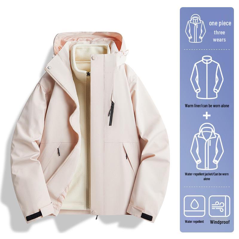 Unisex 2024 Autumn/Winter 3-in-1 Windproof Jacket: Waterproof, Fleece-Lined, Loose Fit, Casual Outerwear.