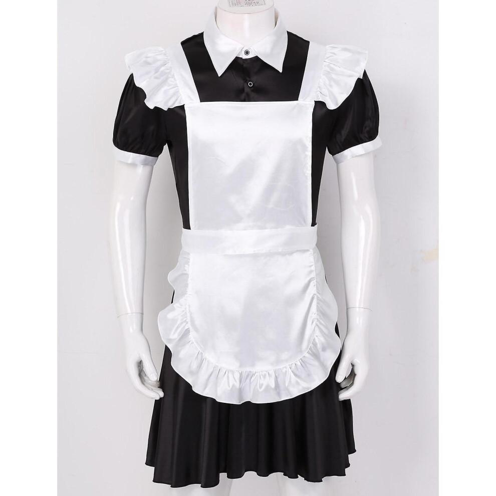 Men Sissy Maid Cosplay Costume Outfit Dress with Apron and Headband