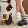 Winter Chunky Heel Women Fur Lining Snow Boots Concise Button Combination Splicing Shoes Warm Cotton Short Booties  Mujer