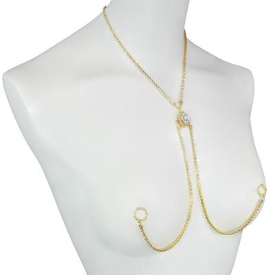 Hanazono Schmuck Oval Geschlossene Diamant-Reihe Nippel-Halskette mit Kristall und Gold, Nippel-Accessoire, Nippelring, Nippel-Halskette, Dekolleté,