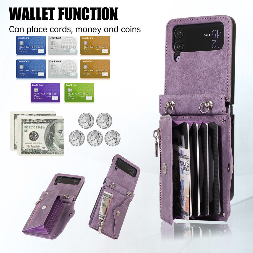 Reißverschluss-Geldbörse, Leder-Umhängetasche für Samsung Galaxy Z Flip 4 3 Flip4 Flip3 5G, Geldbörse, Lanyard-Riemen, Kartenschlitz-Halter, Taschenabdeckung