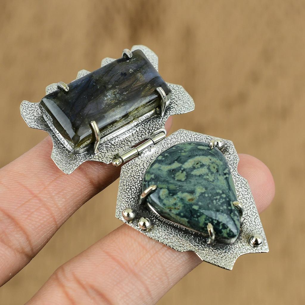 Sterling Silver Rectangle Labradorite Stone Kambaba Jasper Anniversary Pendant