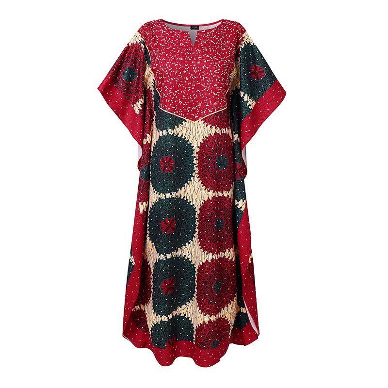 Oversized Women O Neck Ruffled Batwing Sleeve Printed Loose Maxi Kaftan Dress