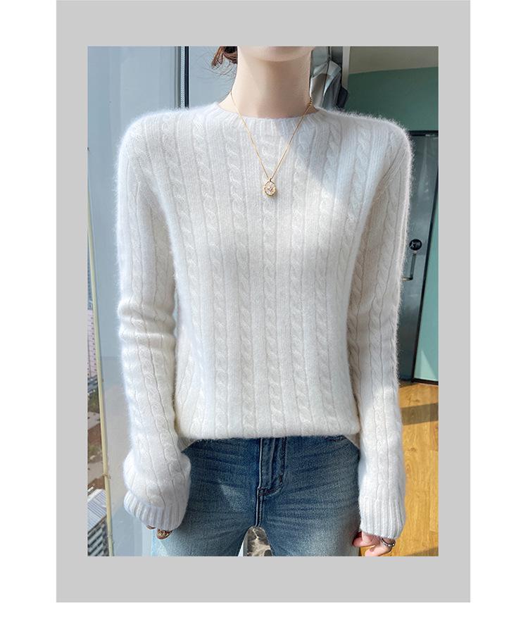 Women's 100% Pure Wool Cable Knit Sweater – Autumn/Winter Loose Fit with Round Neck, Fashionable and Versatile Knit Base Layer.
