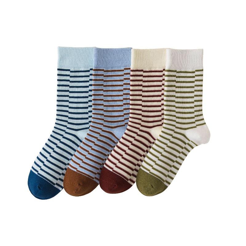 Women's Autumn and Winter Striped Mid-calf Socks, Cotton Sweat-absorbing Boneless Pile Socks, College-style Women's Socks