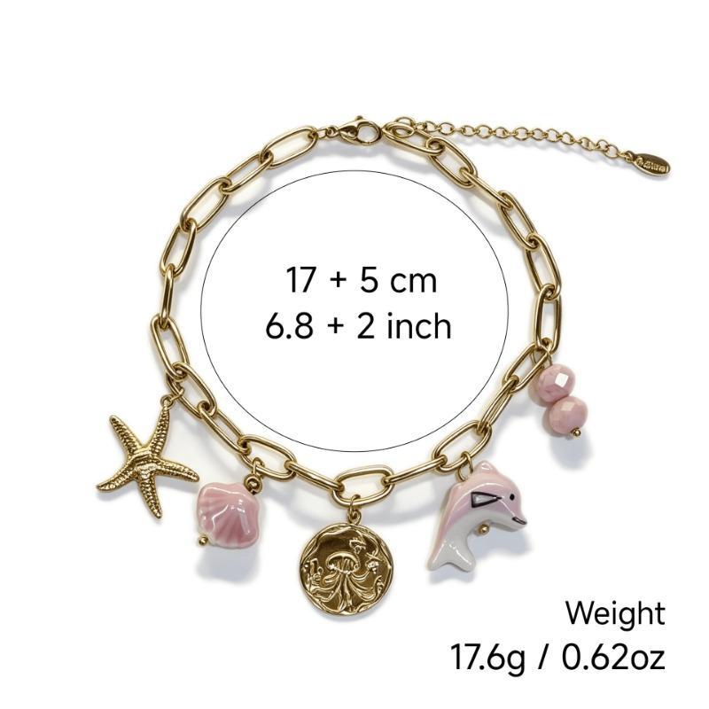 Women S Stainless Steel Gold Plated Boho Bracelet With Fish Starfish Shell Charms