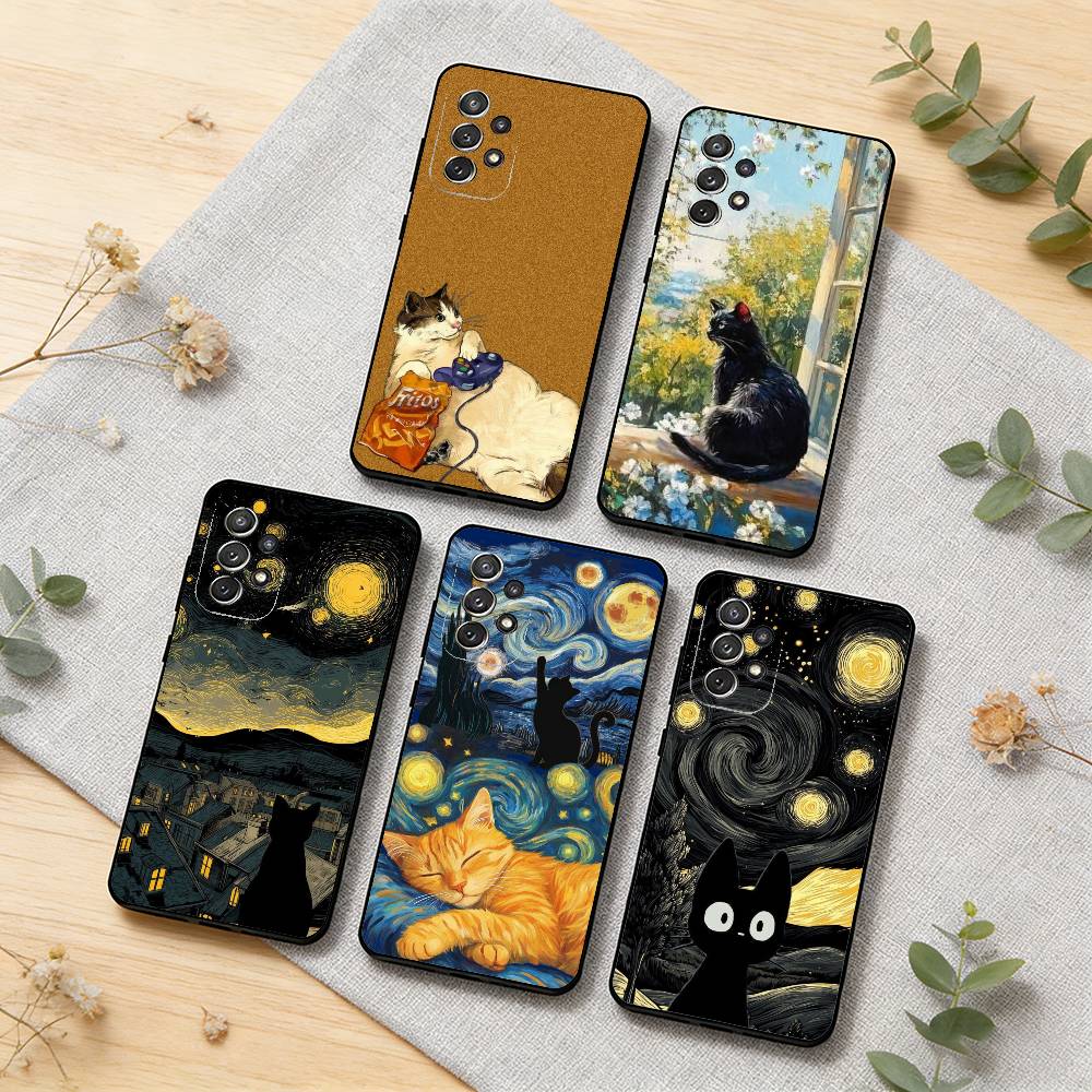 Art Oil Painting Cat Phone Case For Samsung S26,S25,S24,S21,S22,S23,S30,Ultra,S20,Plus,Soft Silicone Black Cover
