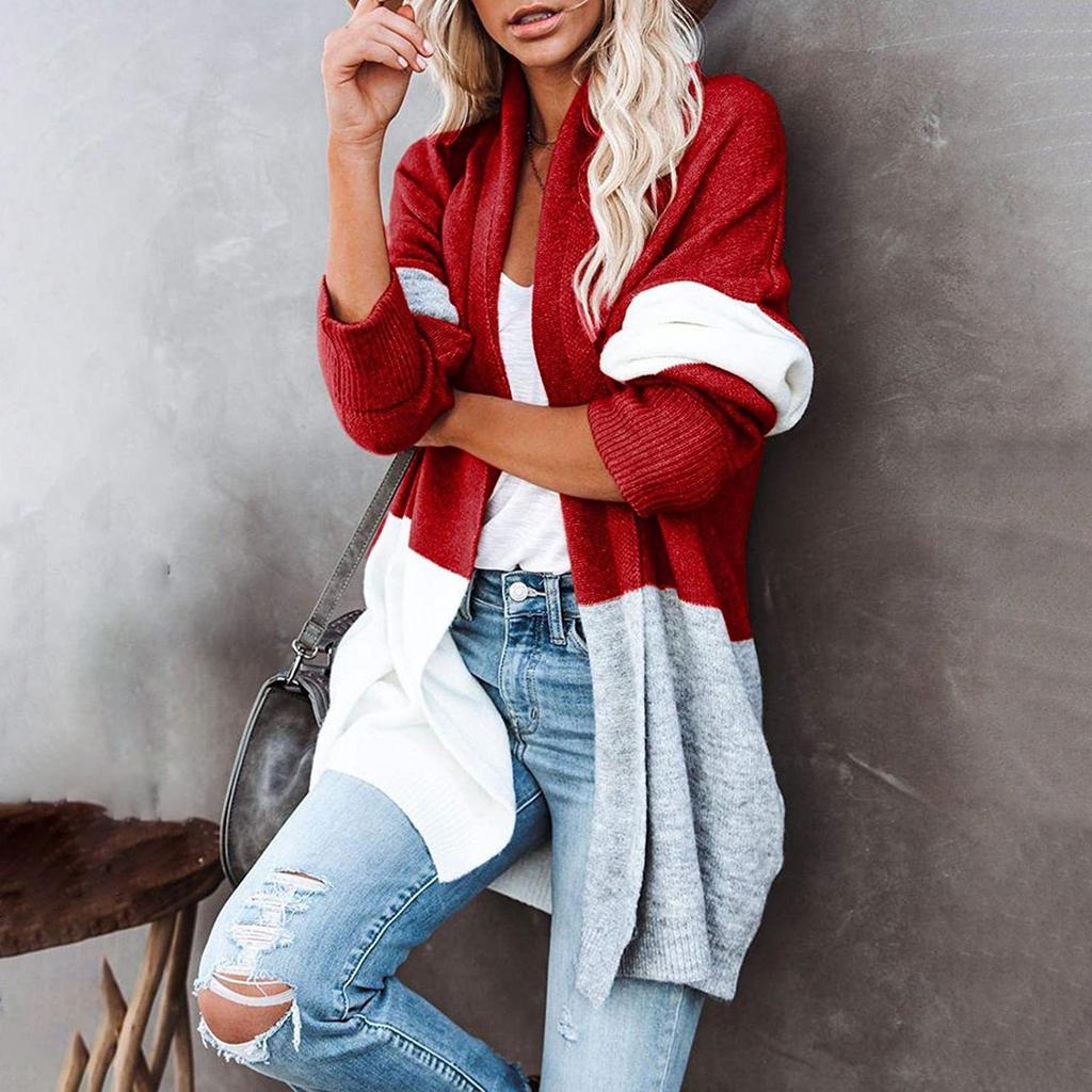 Casual Women's Contrast  Color Stitching Sweater Cardigan Sweater Coat