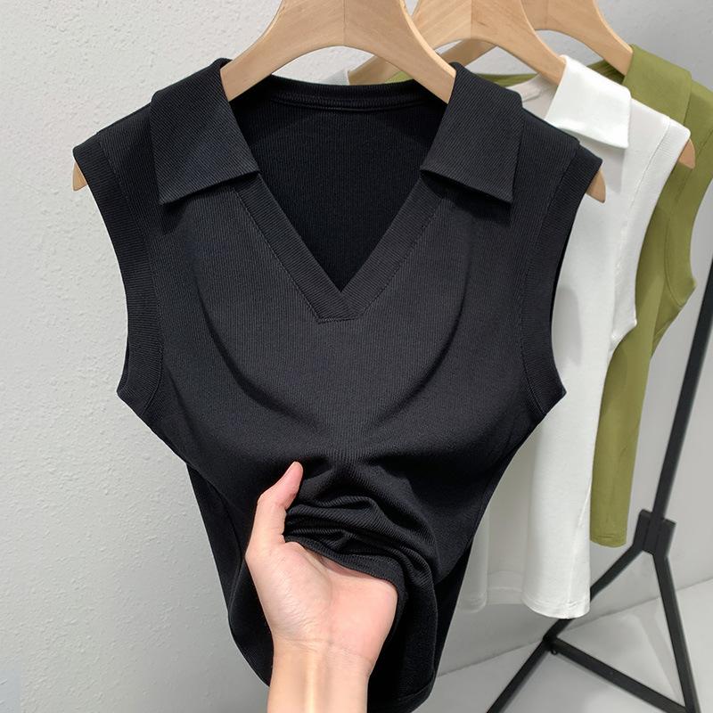 Modal T-shirt for Women's Summer New Women's Clothing Temperament V-neck Solid Color T-shirt Age-reducing Polo Collar Waist-hugging Top