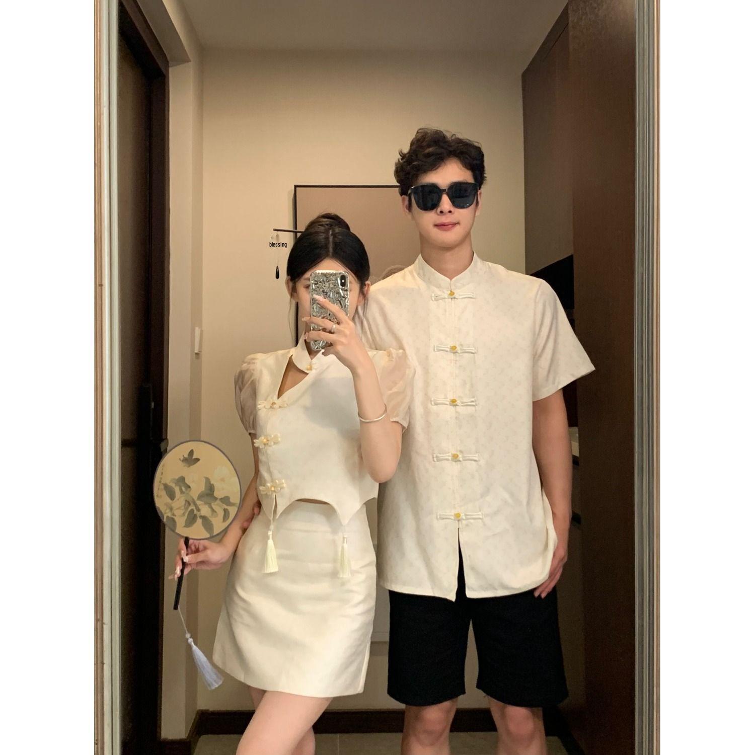 

2026 Summer Chinese Style Couple Outfits: Trendy Short-Sleeve Shirt & Women s Skirt Two-Piece Set M (90-108 Jin)