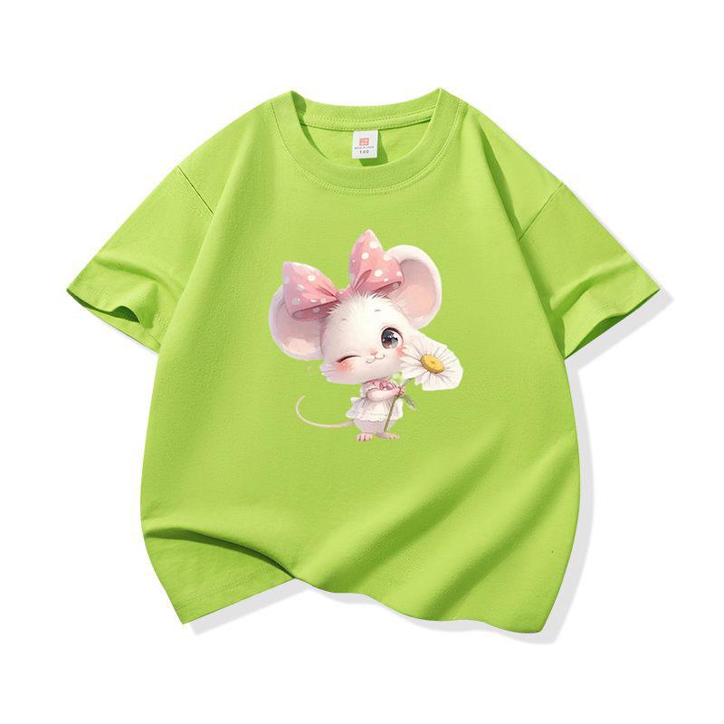 Kids Cotton T Shirt Adorable Mouse With Bow  Flower Print Crew Neck Short Sleeve Tee Casual Boys Girls Summer Tops