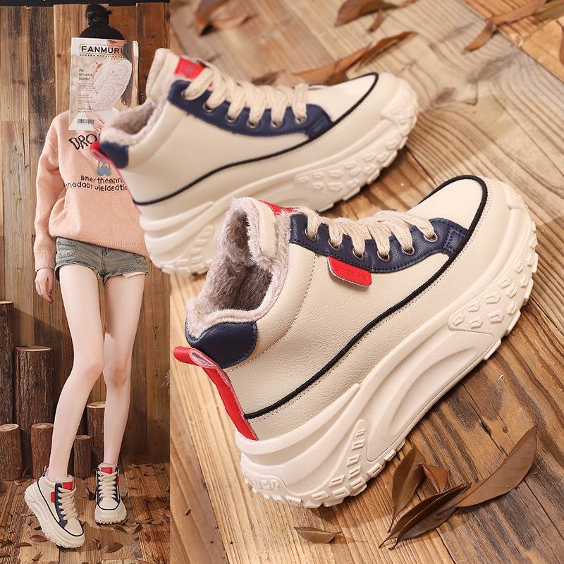 Thick-soled Velvet Casual Sports Shoes for Women's Winter 2025 New Warm Small Tall Women's Cotton Shoes K6717