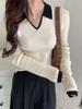 Korean Color Block Polo Collar Long Sleeve Sweater for Women - Winter Slim Fit Base Layer