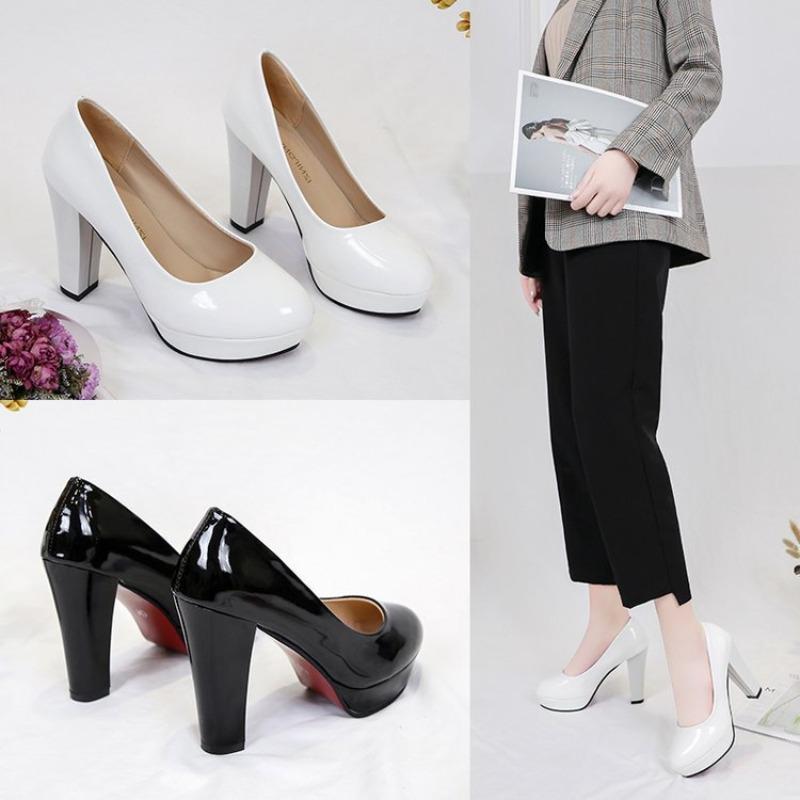 Four Seasons Work Shoes Women's High Heel 10cm Black Women's Leather Shoes Professional Coarse Heel Women Shoes Plus Size42