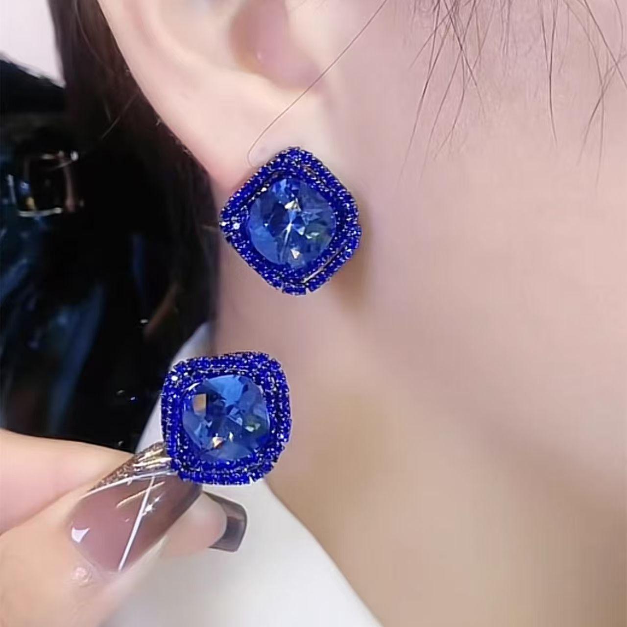 Sapphire Blue Zircon Rhinestone Earrings: High-End Light Luxury & Versatile Elegant Ear Jewelry