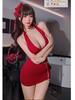 Red Exotic V Neck Hip Love Hollow Out Hanging Neck Bag Hip Dress Elegant Sexy Pure Desire Sleeping Sweet Sexy Women Tops 95Cm