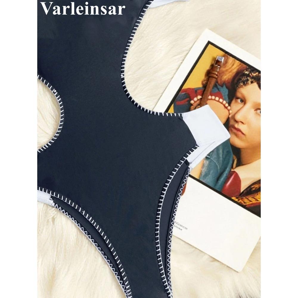 New Splicing Halter Cut Out One Piece Swimsuit Women Swimwear Female High Leg Cut Monokini Padded Bather Bathing Suit Swim V7087