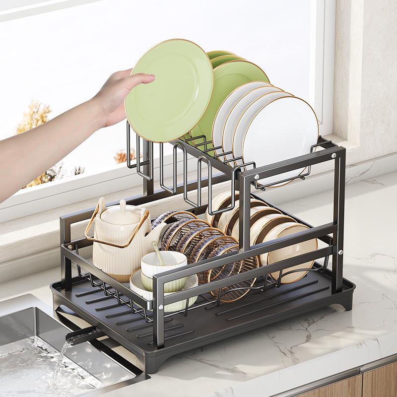 Countertop Kitchen Storage Rack: Holds Bowls, Plates, Chopsticks, Cutting Board & Cups, Includes Drainer, No Installation Required