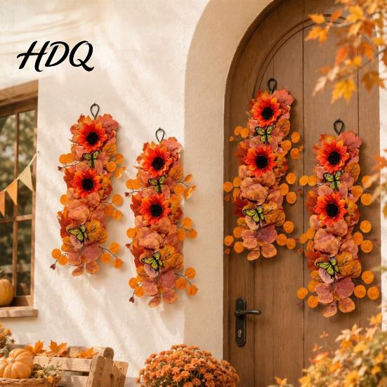 Fall Sunflower Garland with Butterflies Artificial Wall Hanging Maple Leaf Butterfly Autumn Harvest Decoration for Hanging Wreath Indoor Outdoor