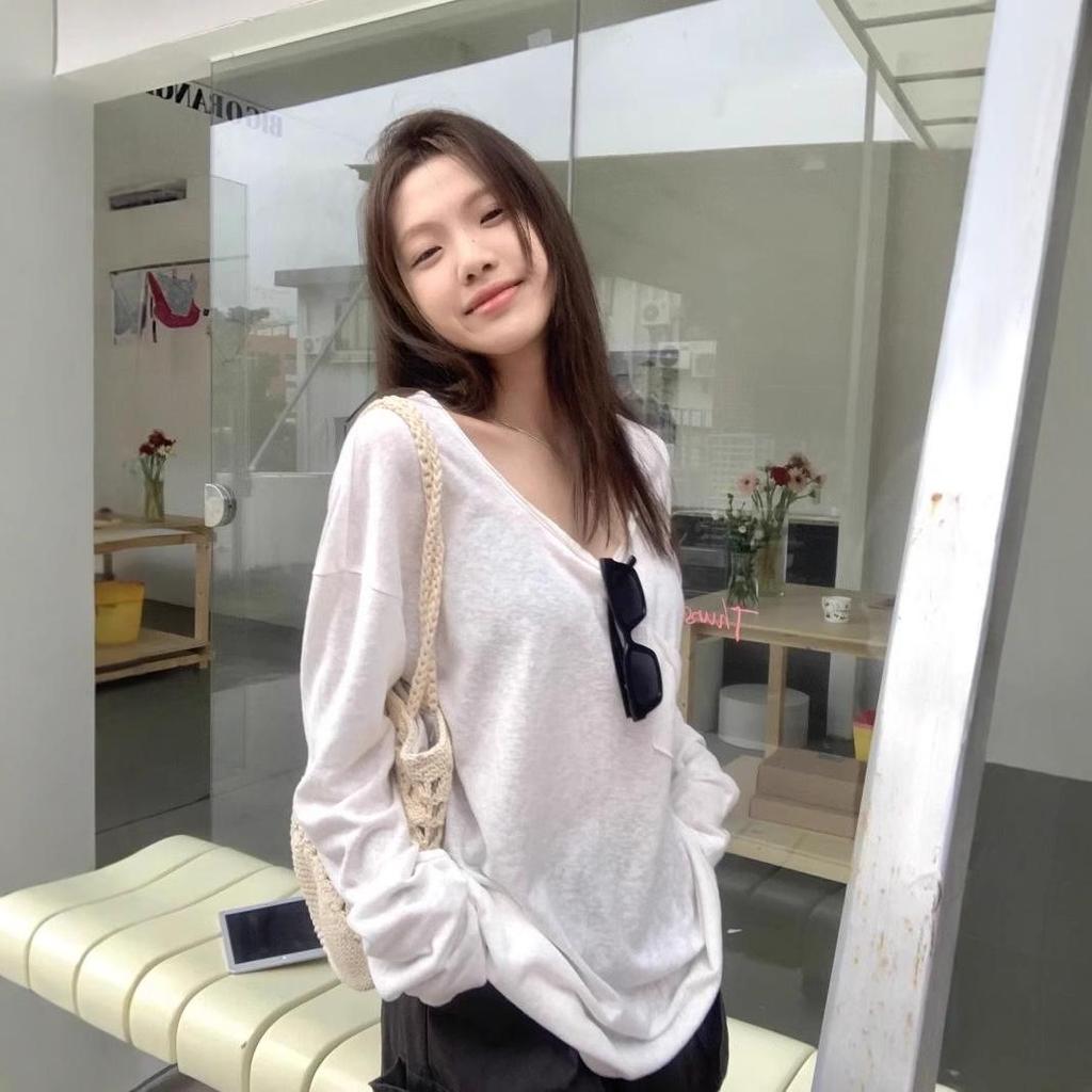 Elegant Sheer White U-Neck Long Sleeve Top - Women's Spring/Fall Loose Fit Cover-Up