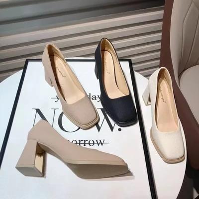 New Thick High Heels Square Toe Shallow European Woman Shoes Comfy Fashion Party Sexy Ladies Pumps Slip On Footwear 34-39