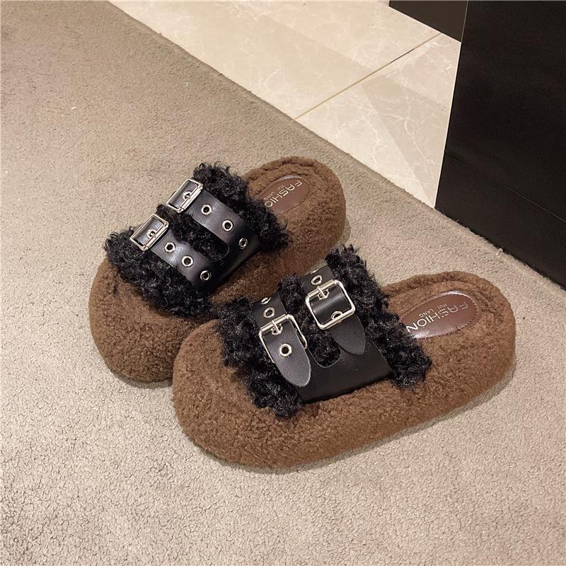 Thick-soled Mao Mao slippers women's outer wear 2025 new autumn and winter fashion belt buckle plush cotton drag net red Mao Mao shoes