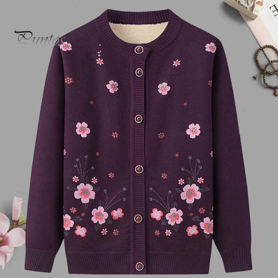 Single-breasted Mother Winter Sweater Coat Flower Print Cardigan Buttons Elastic Keep Women Warm Round Neck Plus Size Grandma Clothing