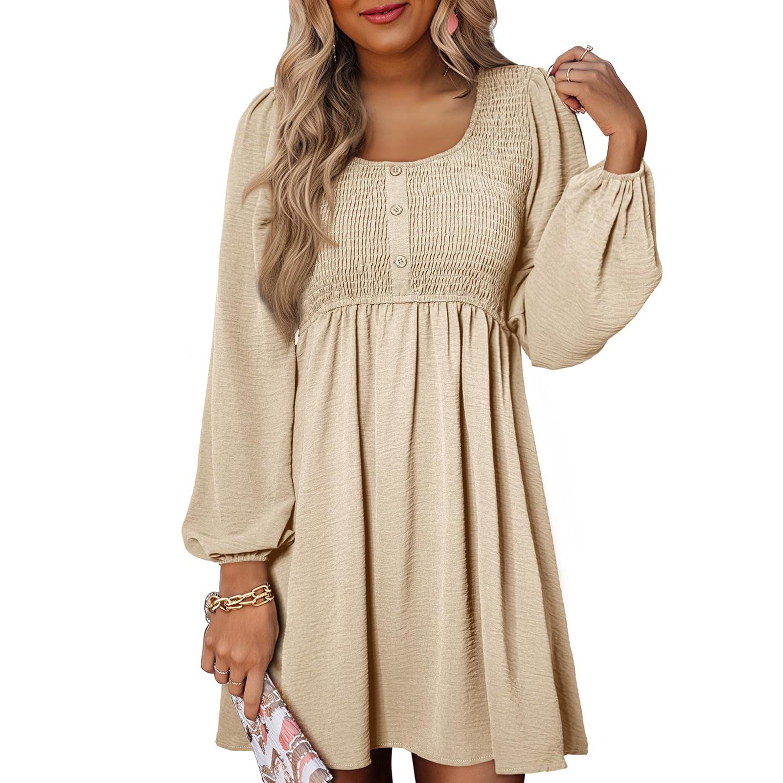 

Женское повседневное платье на пуговицах с длинным рукавом А-силуэта, однотонное винтажное длинное платье, осень и весна S бежевый