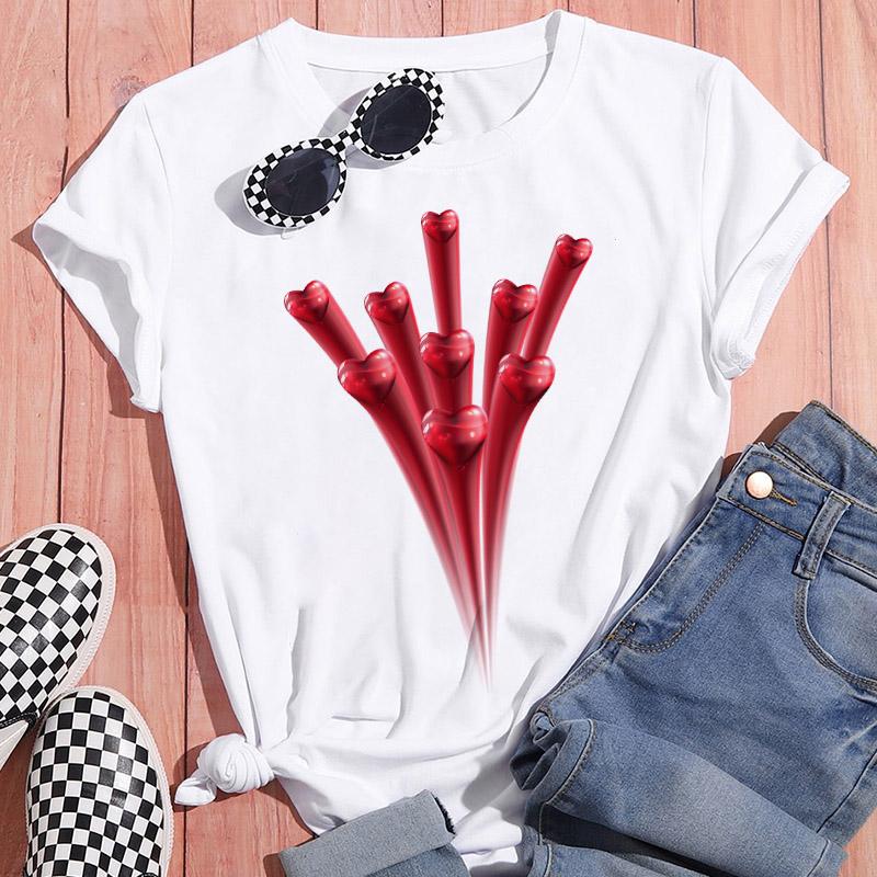 Sportswear Feminine Short Sleeve White Tshirt Clothes Heart Graphic Print T-Shirt Leisure Summer O-Neck Oversized Top Popular T