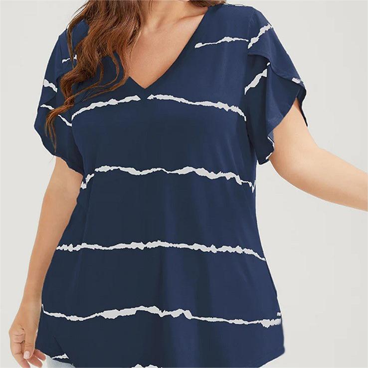 Dámské letní tričko s krátkým rukávem a V-výstřihem, pruhovaným potiskem, volné, s volánkovými krátkými rukávy, ležérní, prodyšné, pohodlné, na práci, dovolenou, plus size top(XL~5XL)