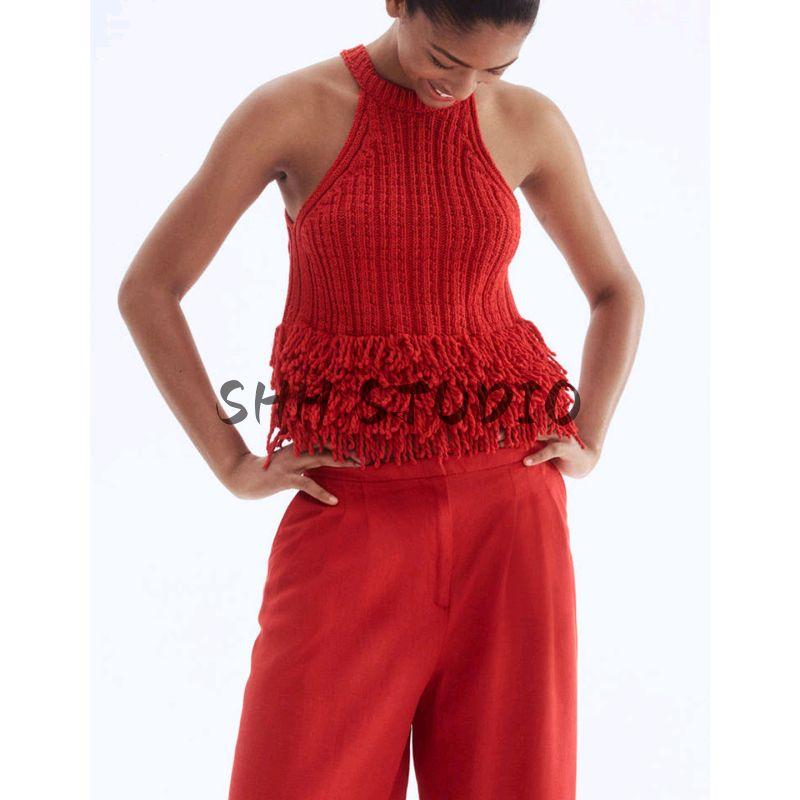 New Fall Women's Clothing French Minimalist Rib Neckline Sleeveless Fringe Knitting Tops 1307169