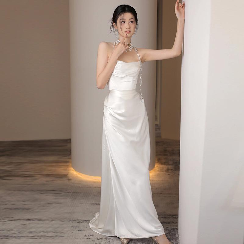 French satin light wedding dress bride simple white tube top Mori welcome out yarn banquet fishtail dress skirt