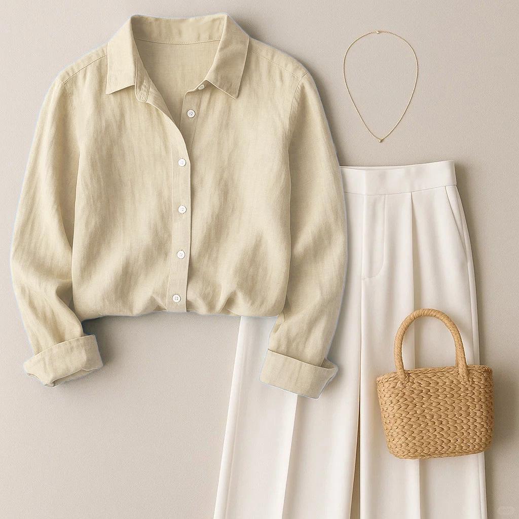 Women's French Casual Cotton Linen Long Sleeve Shirt - Spring/Autumn Collection